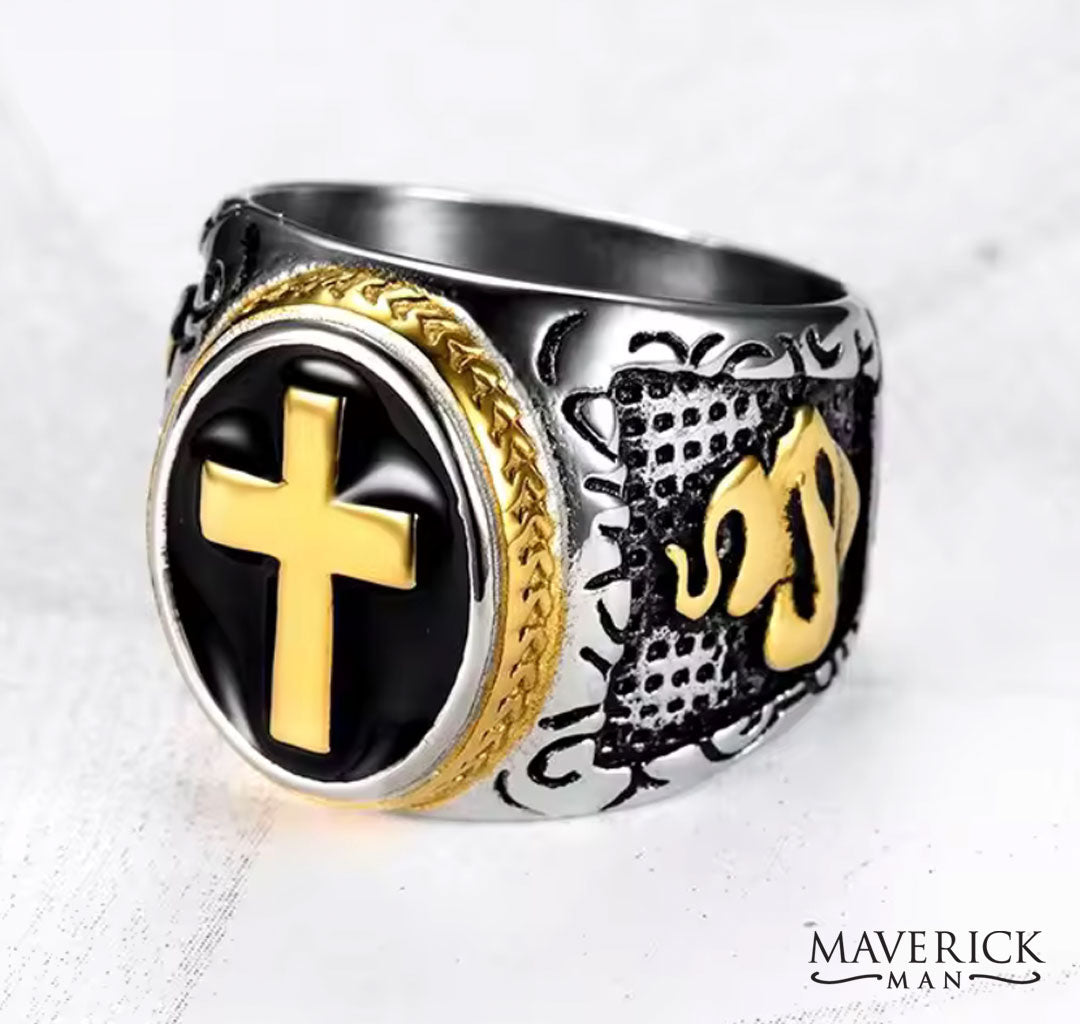 Cross ring with gold details in solid titanium stainless steel