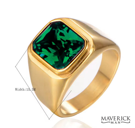 Gold plated stainless steel ring with emerald green stone