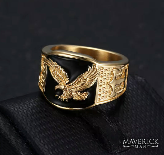 Gold plated stainless steel eagle ring with black detail