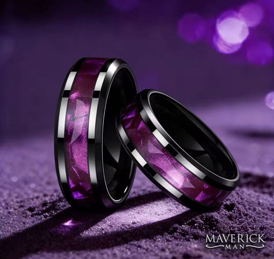 Black tungsten steel ring with purple inlay
