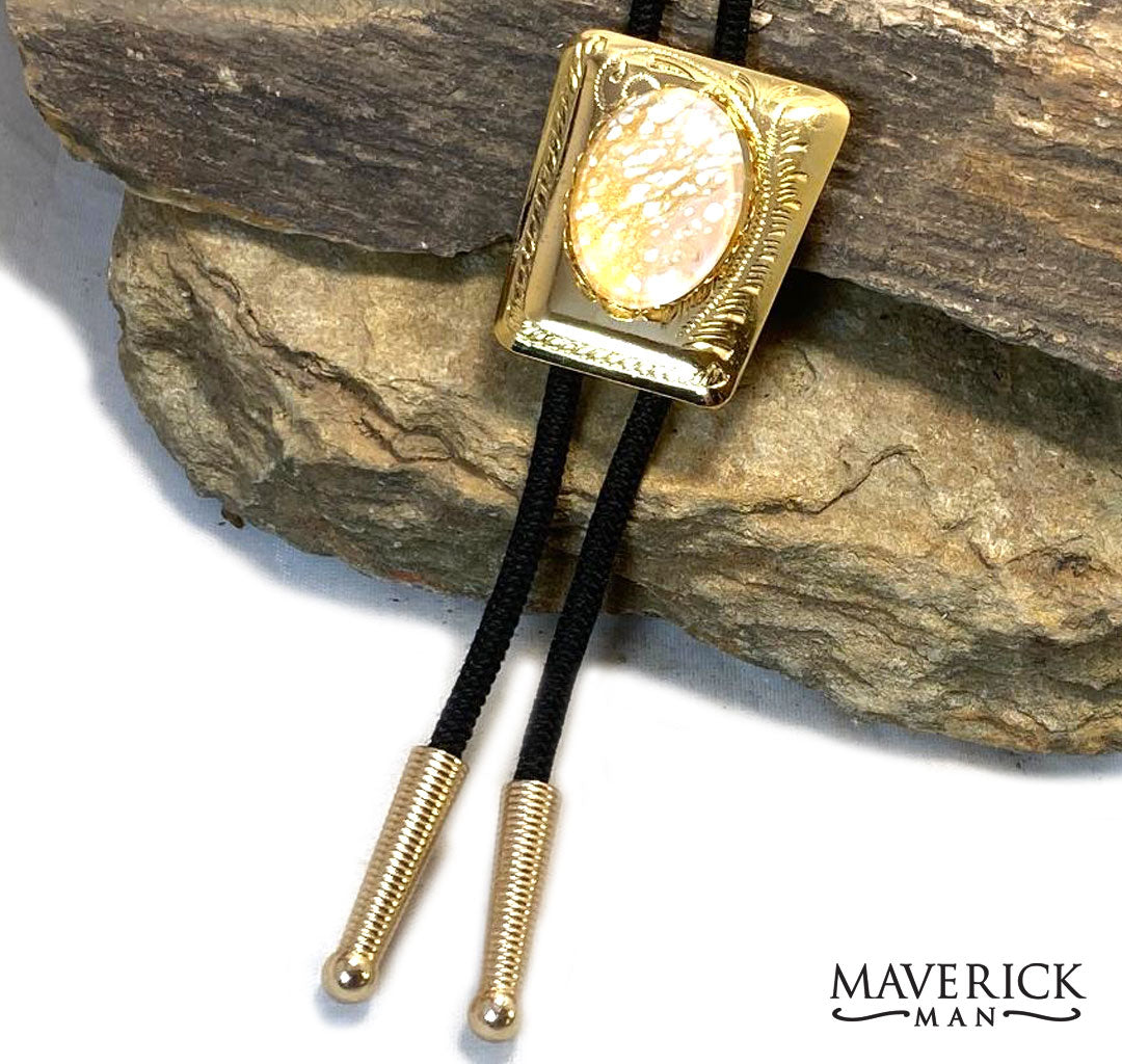 Golden bolo with gold and white hand painted stone
