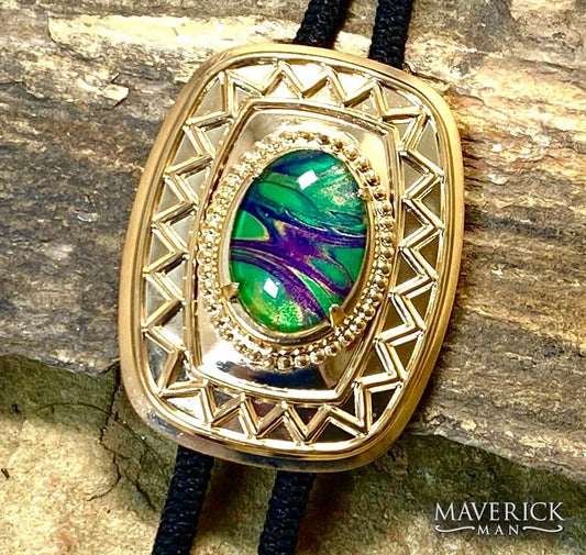 Golden aztec style bolo from our Party Gras collection of green gold and purple