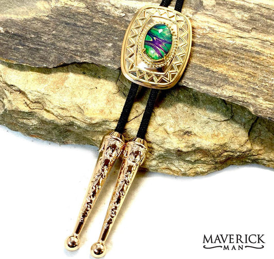 Golden aztec style bolo from our Party Gras collection of green gold and purple
