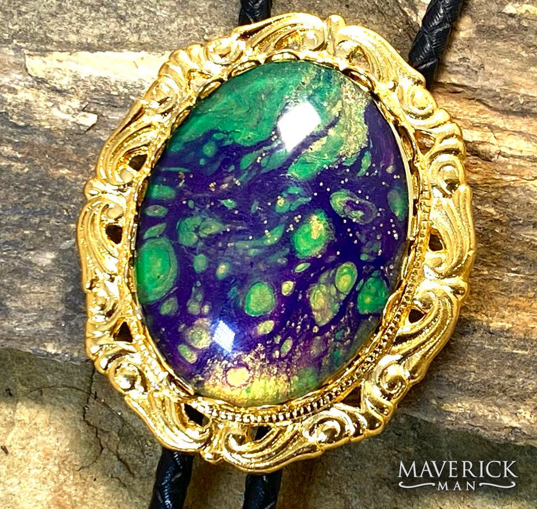 Large golden bolo from our Party Gras collection of green gold and purple
