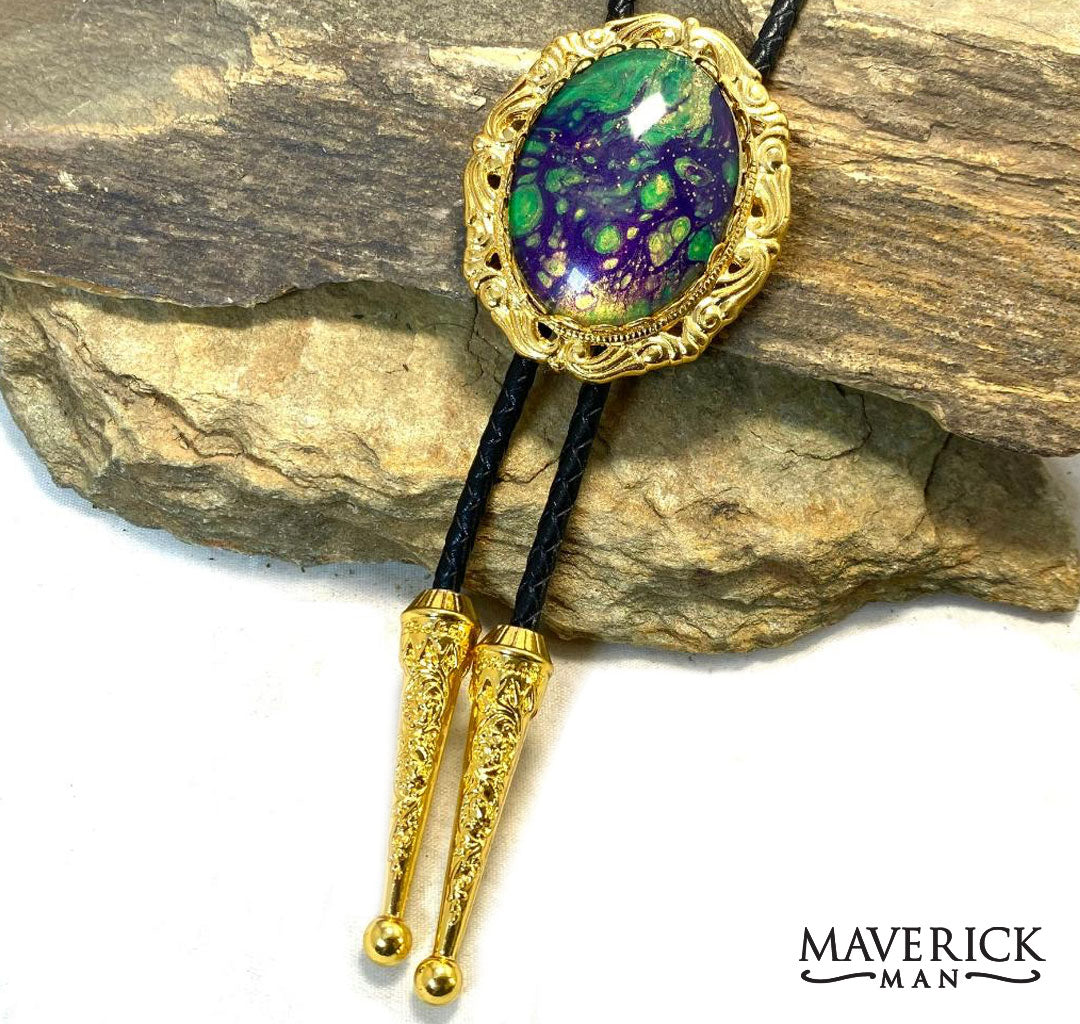 Large golden bolo from our Party Gras collection of green gold and purple