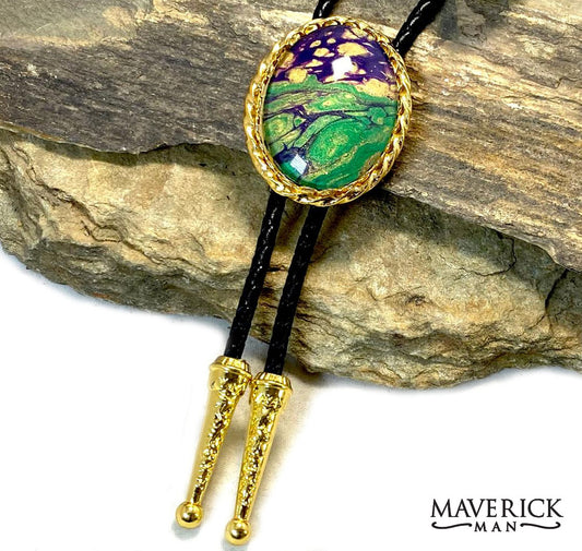 Large golden twist bolo from our Party Gras collection of green gold and purple