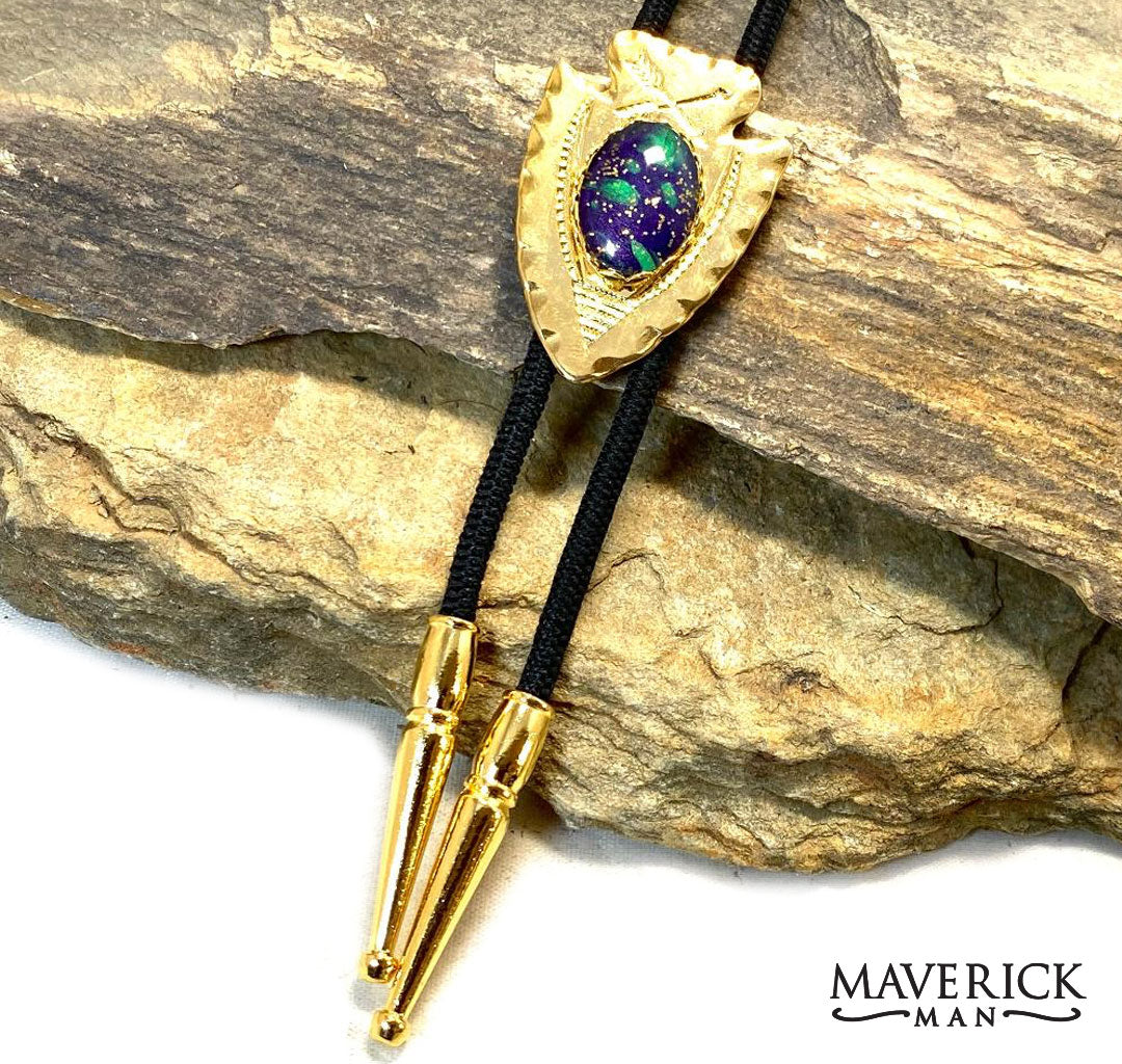 Fabulous traditional arrowhead bolo from our Party Gras collection of green gold and purple