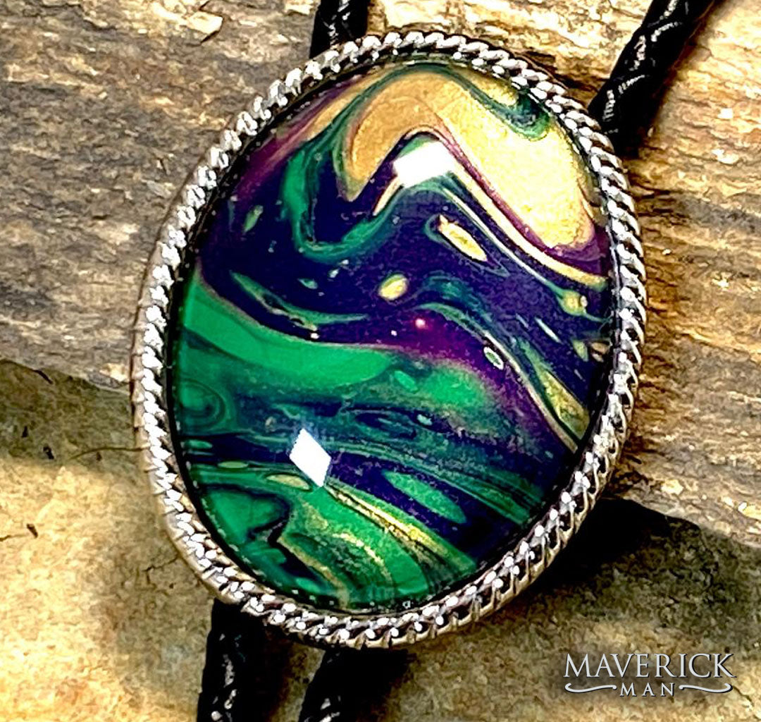 Large silver bolo with beaded edge from our Party Gras collection of green gold and purple