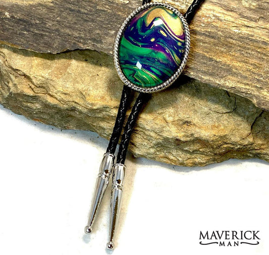 Large silver bolo with beaded edge from our Party Gras collection of green gold and purple