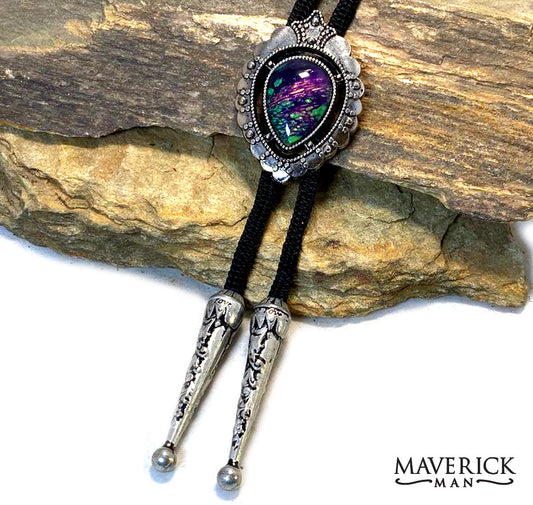 Silver dressy bolo with hand painted stone from our Party Gras collection