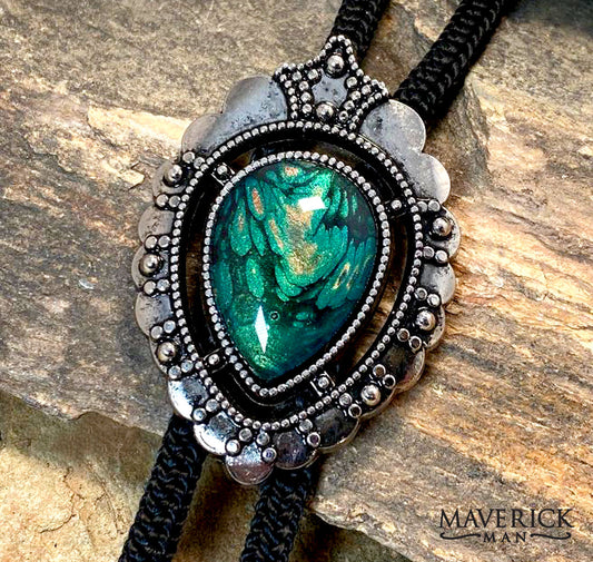 Silver dressy bolo with green gold and black hand painted stone