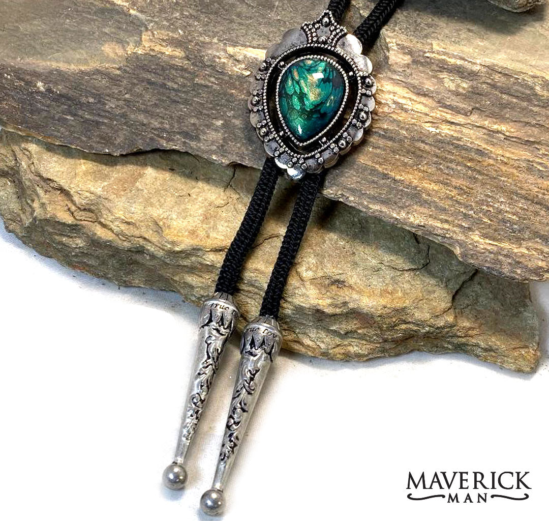 Silver dressy bolo with green gold and black hand painted stone