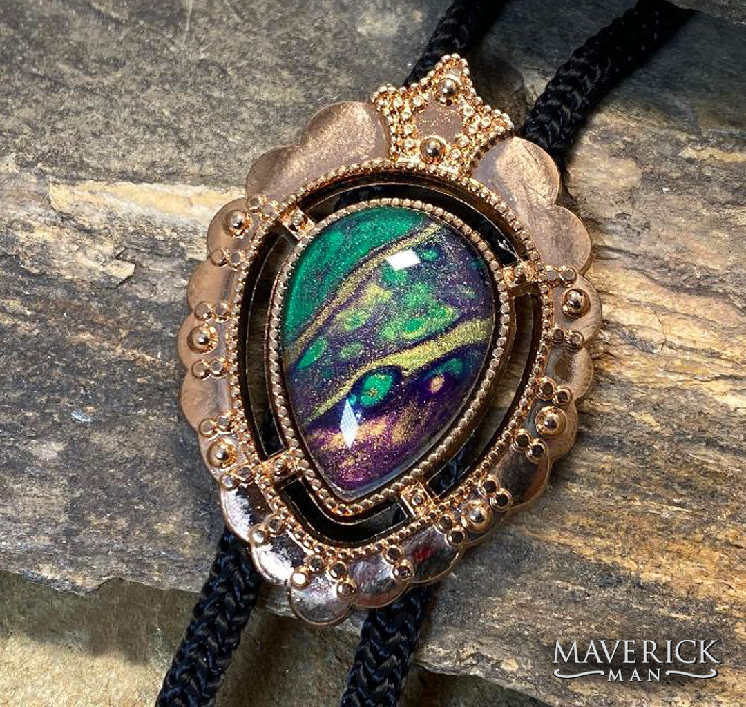 Unusual rose gold dressy bolo with hand painted stone