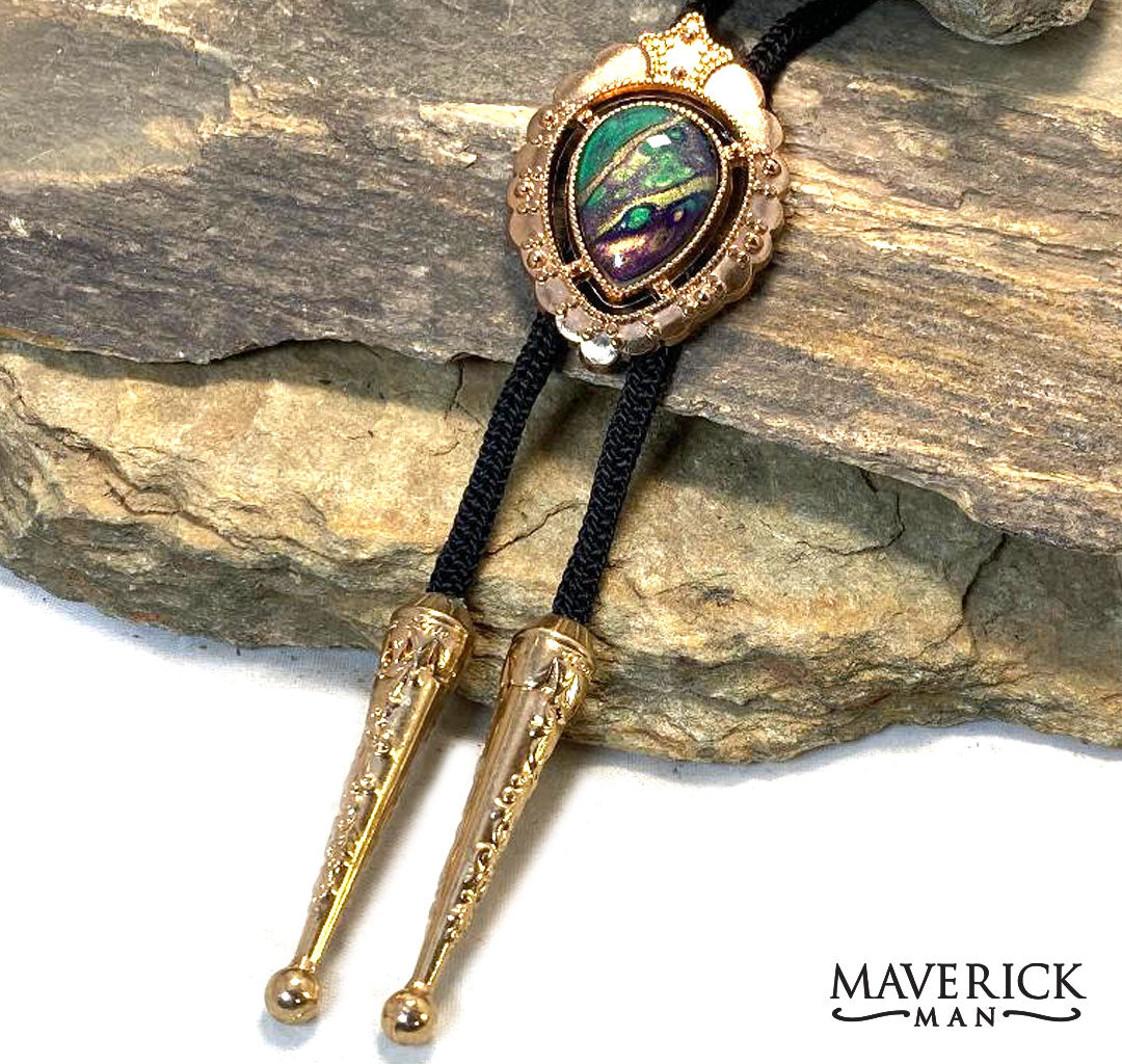 Unusual rose gold dressy bolo with hand painted stone