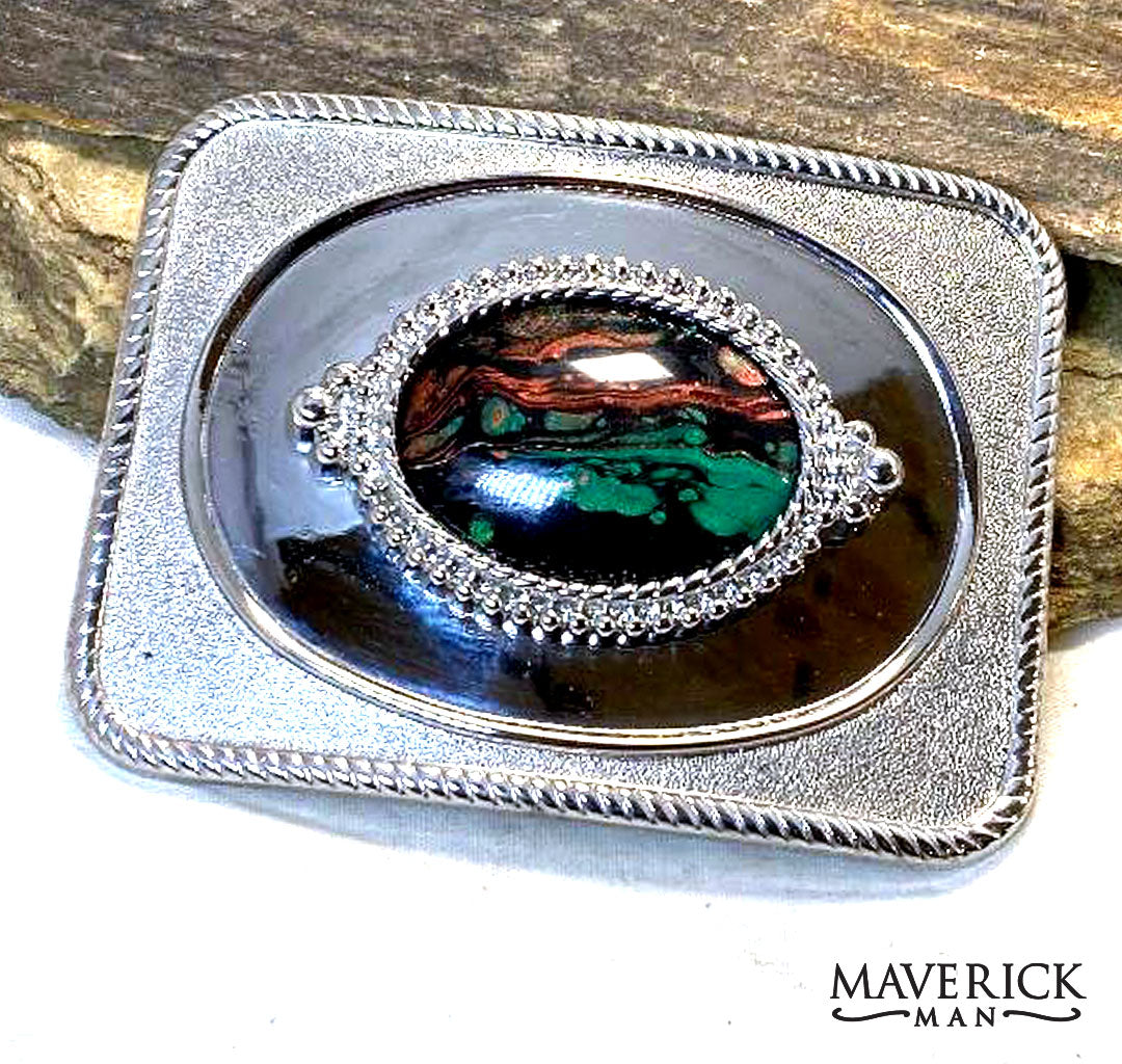 Large silver buckle with hand painted stone - SET AVAILABLE