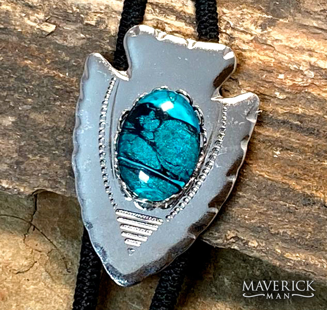 Silver arrowhead bolo with hand painted stone in teal and black