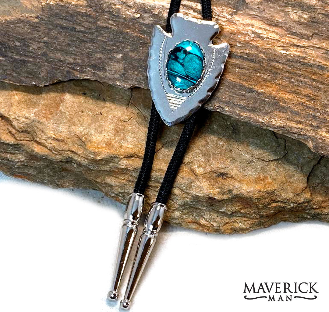Silver arrowhead bolo with hand painted stone in teal and black