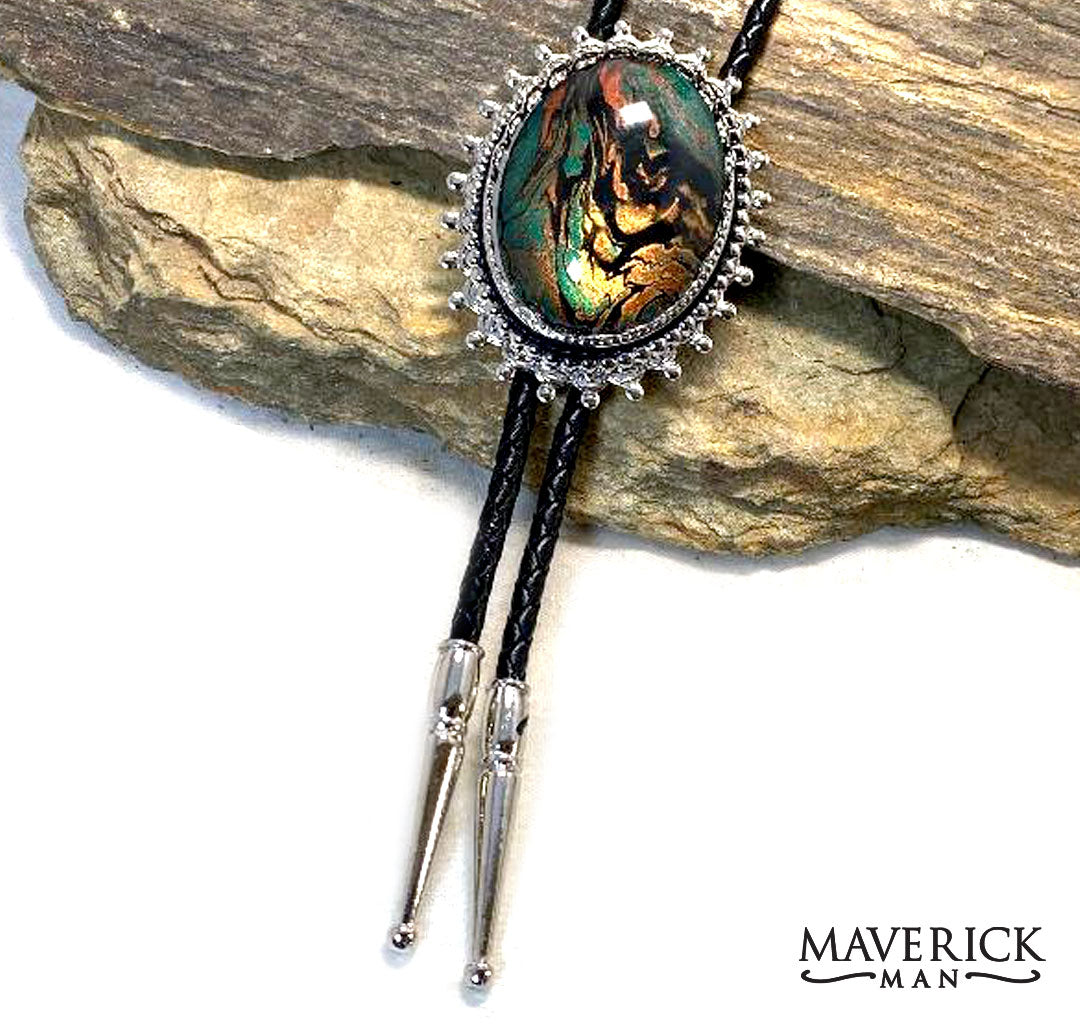 Spikey silver bolo with fabulous hand painted stone
