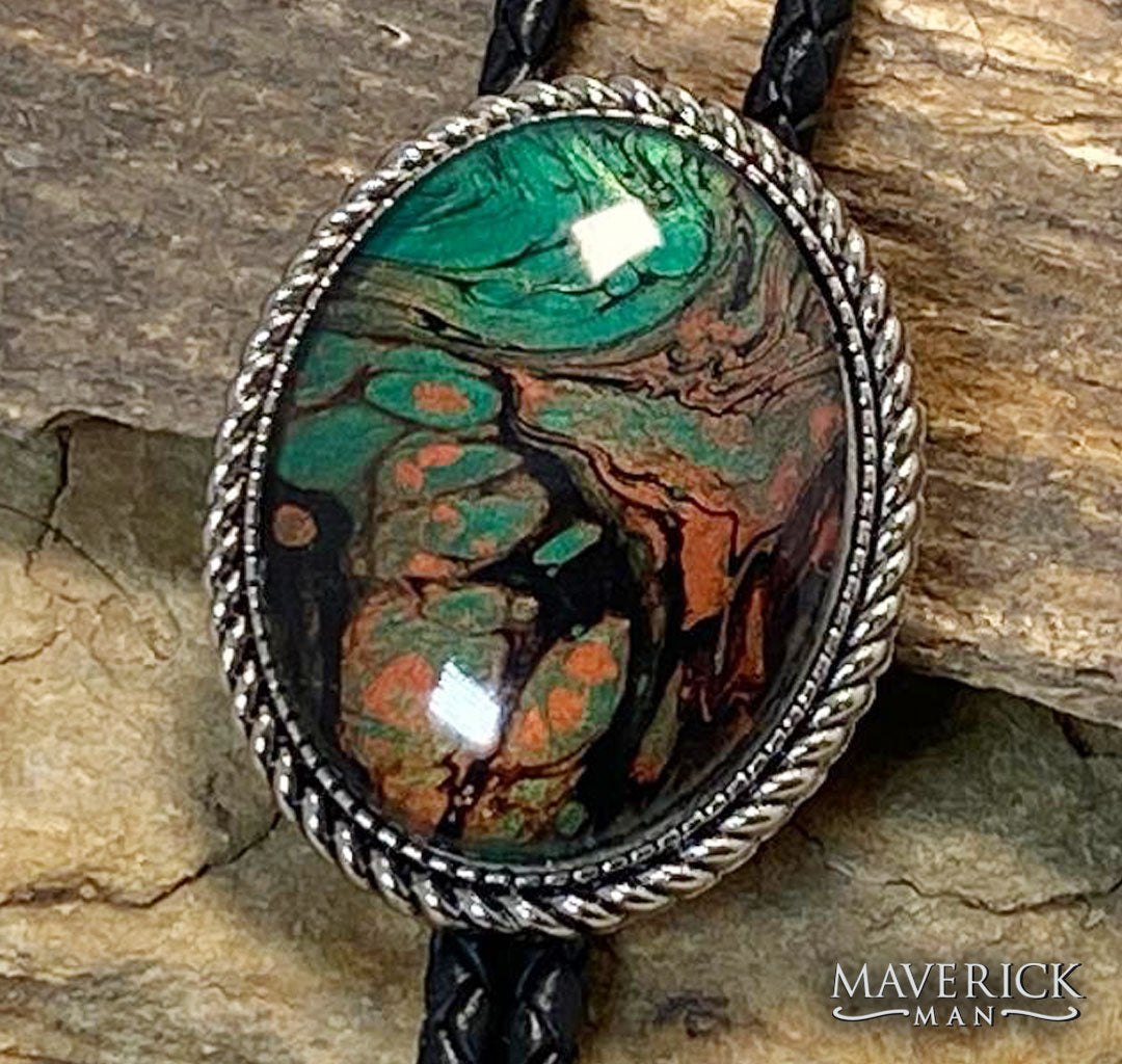 Braided silver bolo with handsome hand painted stone