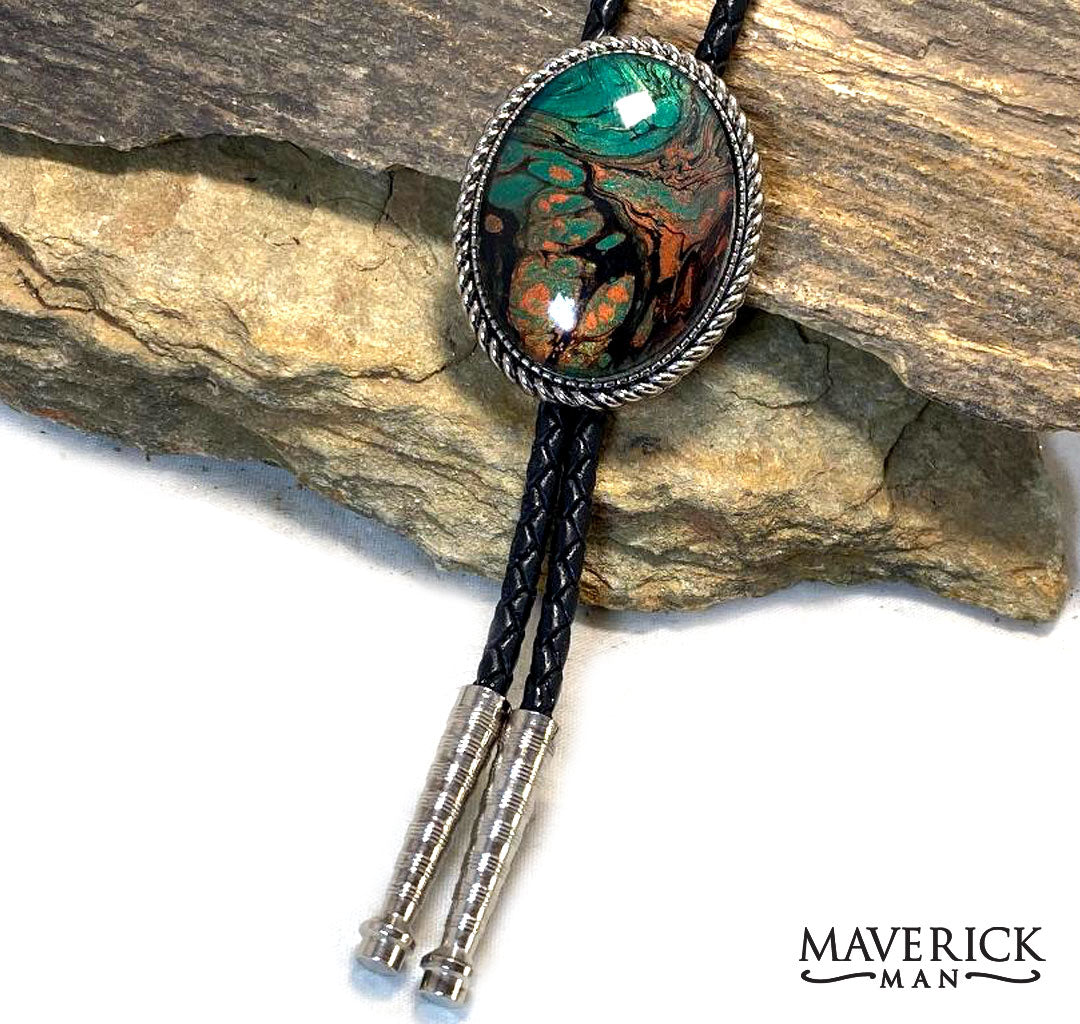 Braided silver bolo with handsome hand painted stone