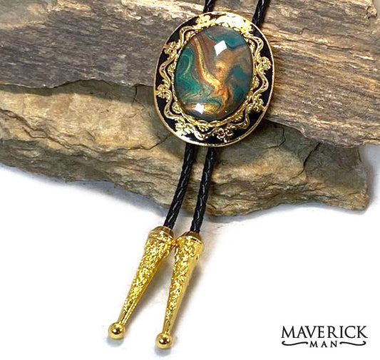 Dressy gold and black bolo with fabulous hand painted stone