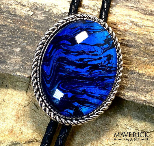 Large braided bolo with hand painted stone in sapphire blue and black - TIPS AVAILABLE