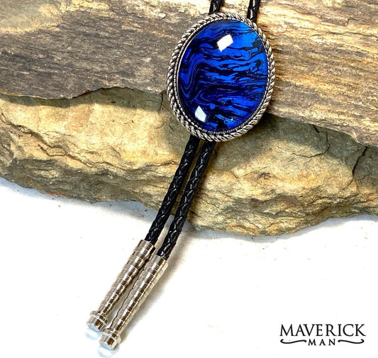Large braided bolo with hand painted stone in sapphire blue and black - TIPS AVAILABLE