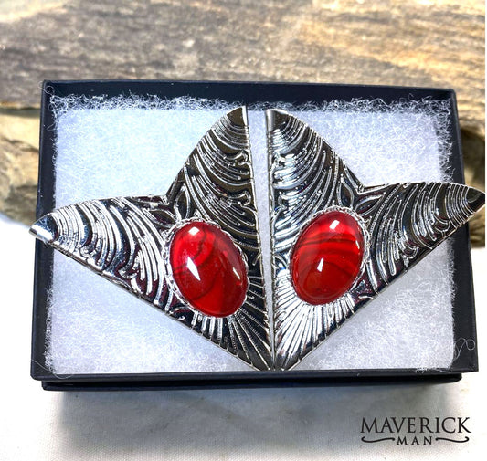 Large silver collar tips with hand painted red stones - BOLO AVAILABLE