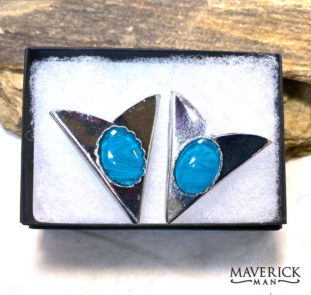 Medium silver collar tips with hand painted turquoise blue stones