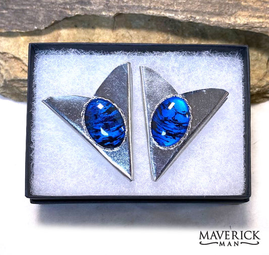 Medium silver collar tips with hand painted blue and black stones 2 - BOLO AVAILABLE
