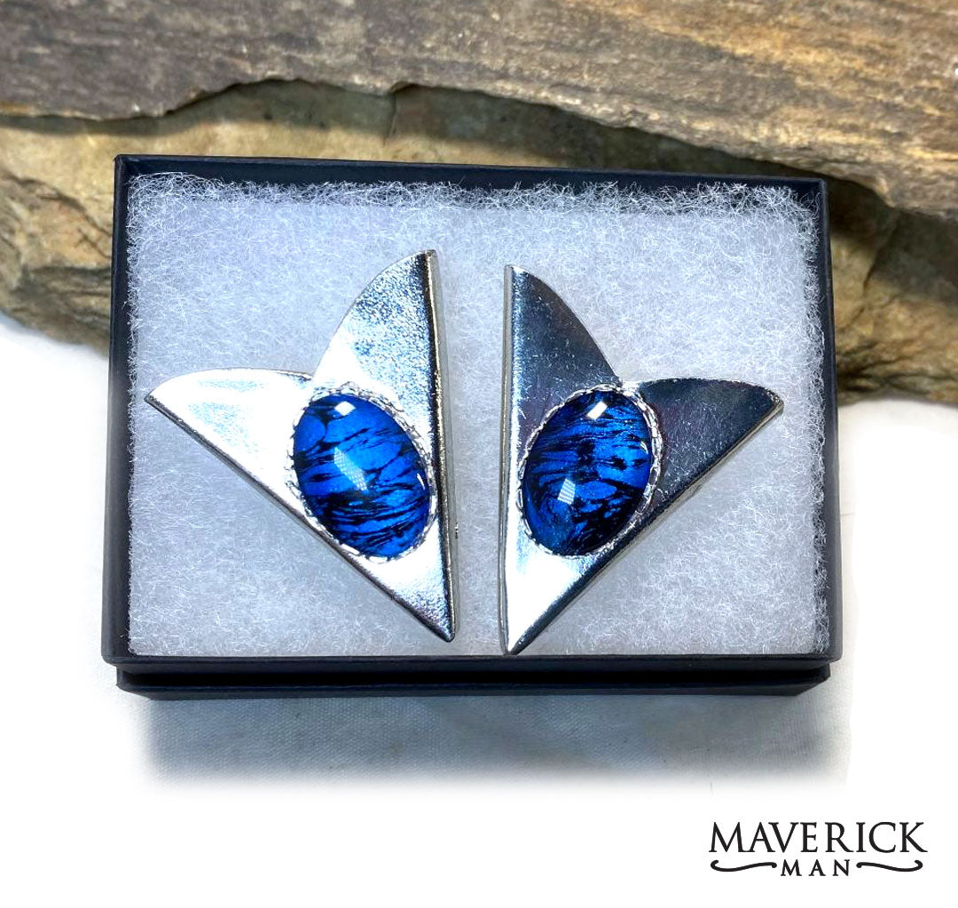 Medium silver collar tips with hand painted blue and black stones - BOLO AVAILABLE