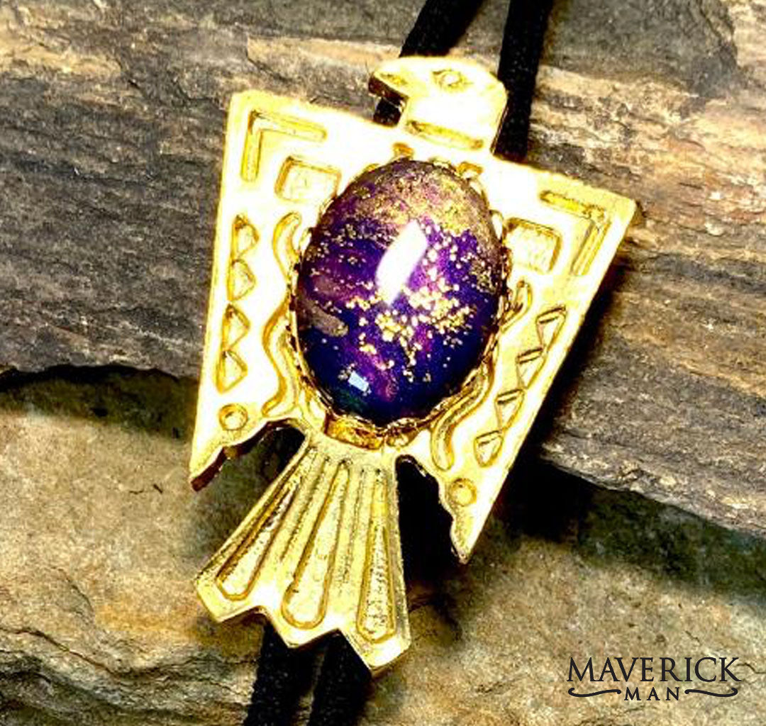 Golden thunderbird bolo with purple and gold hand painted stone