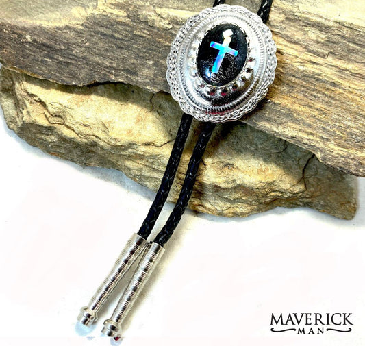 Silver concho bolo with silver cross and hand painted stone