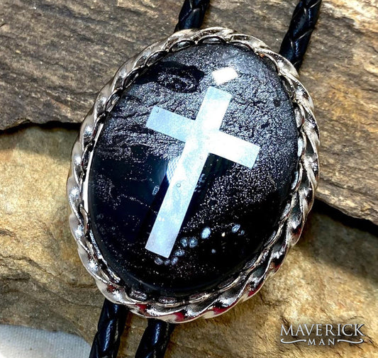 Twisted silver bolo with silver cross and hand painted stone