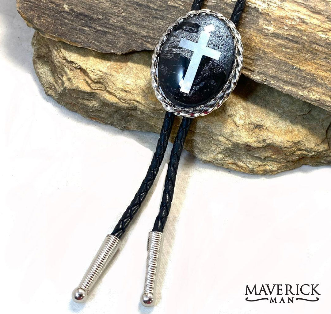 Twisted silver bolo with silver cross and hand painted stone