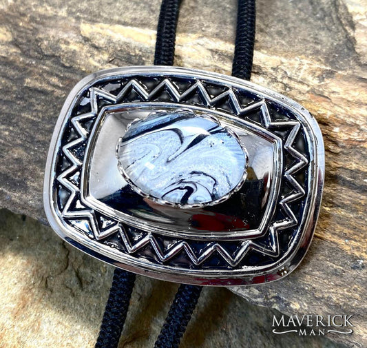 Unusual Aztec style bolo with black and white hand painted stone