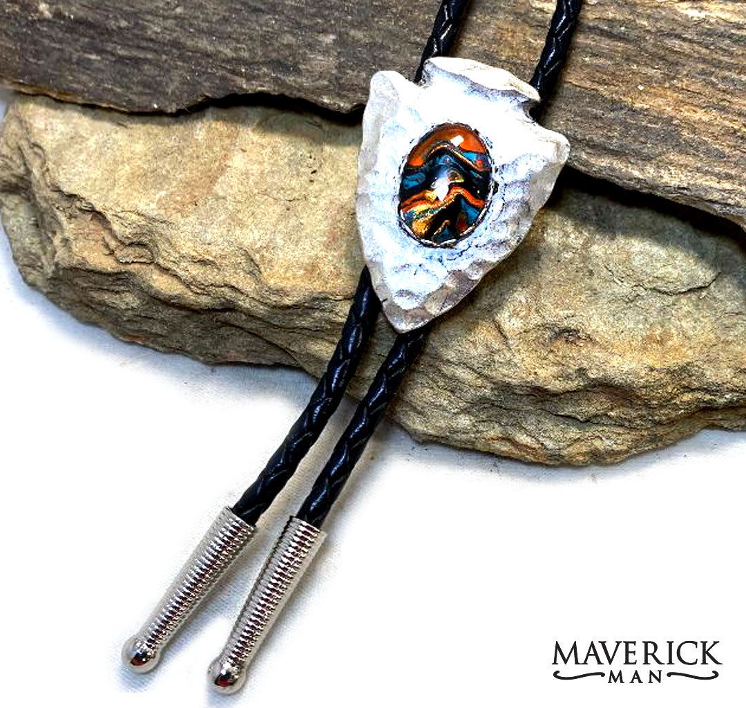 Hammered silver arrowhead bolo with hand painted southwestern stone