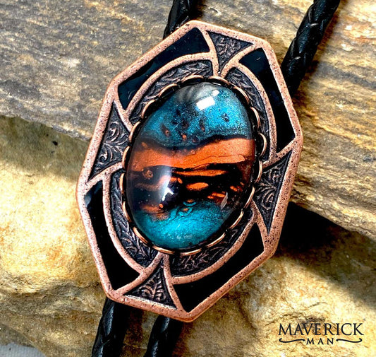 Dressy geometric copper bolo with hand painted turquoise and copper stone