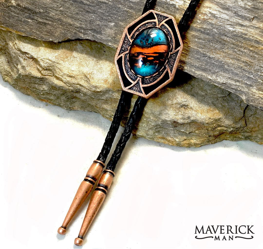 Dressy geometric copper bolo with hand painted turquoise and copper stone