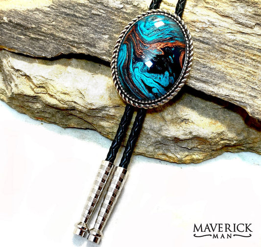 Large silver braided bolo with hand painted turquoise and copper stone