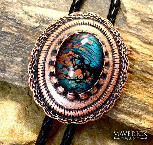 Copper concho bolo with hand painted turquoise and copper stone
