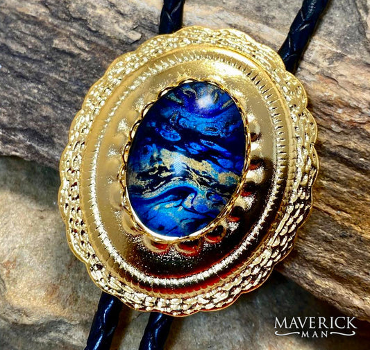 Golden concho bolo with stunning sapphire and gold hand painted stone