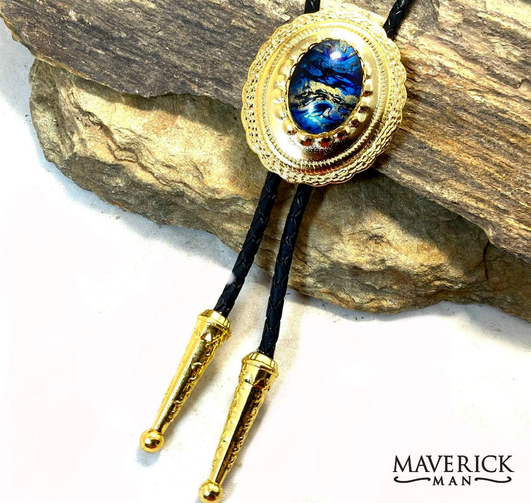 Golden concho bolo with stunning sapphire and gold hand painted stone