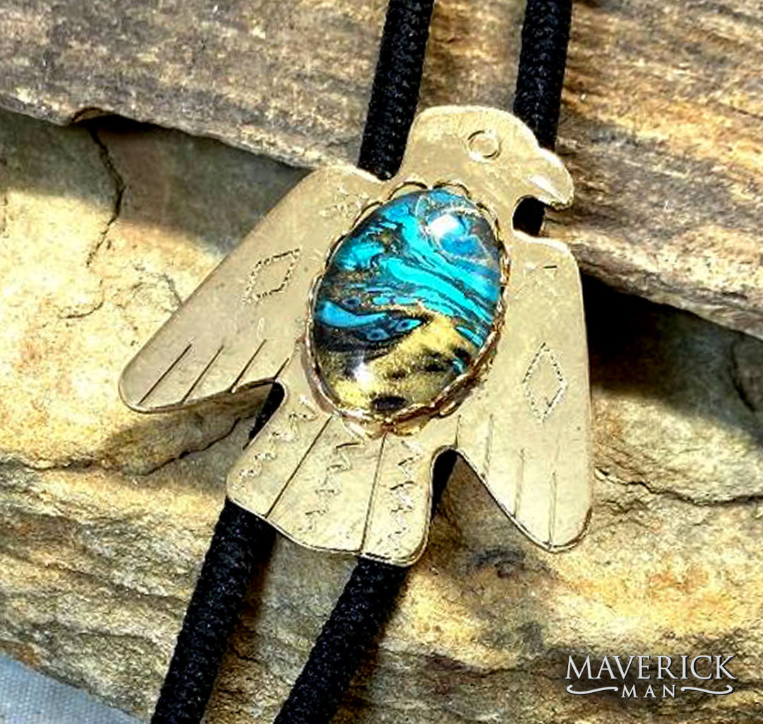 Golden Thunderbird bolo with gold and turquoise hand painted stone