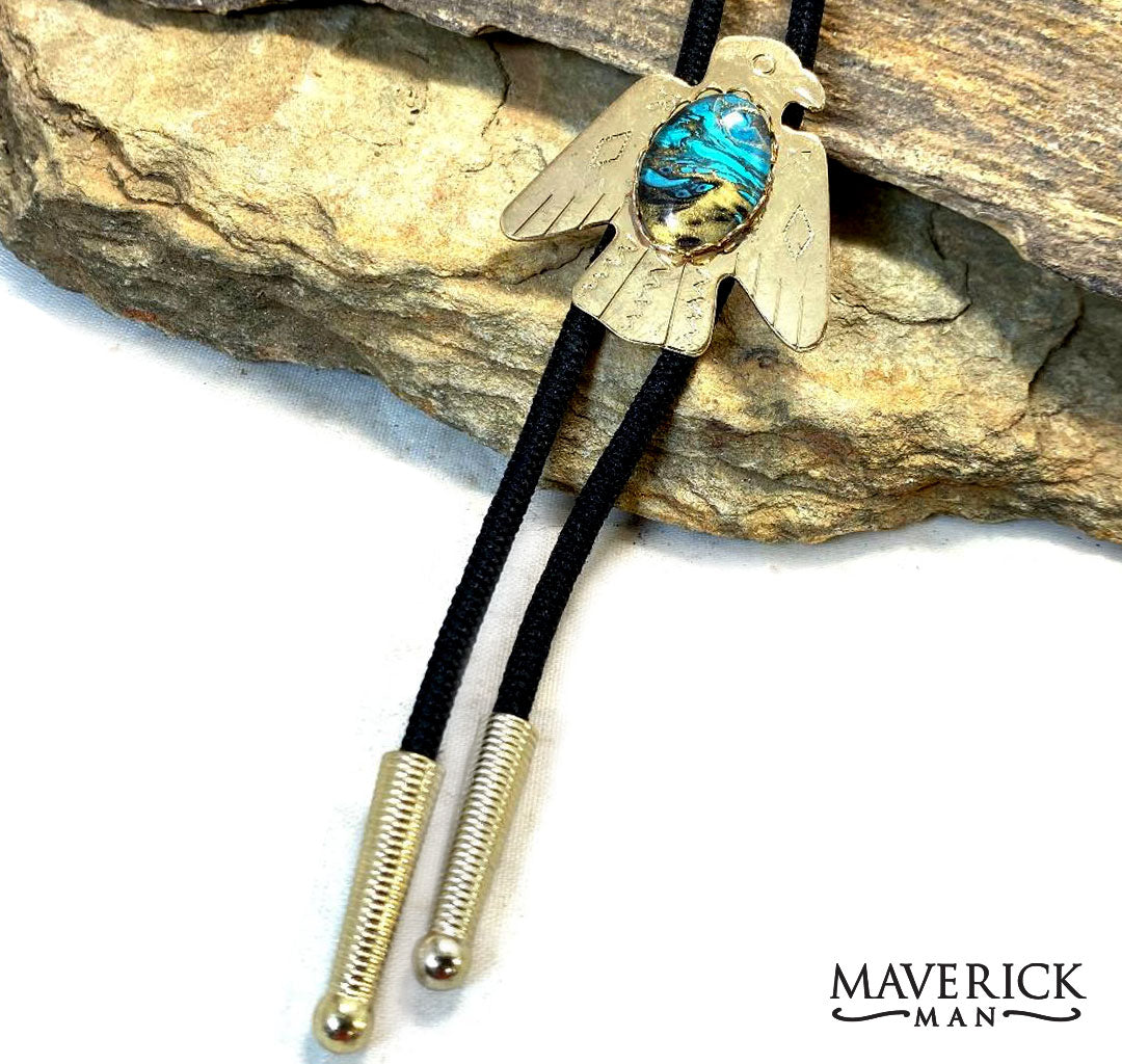 Golden Thunderbird bolo with gold and turquoise hand painted stone
