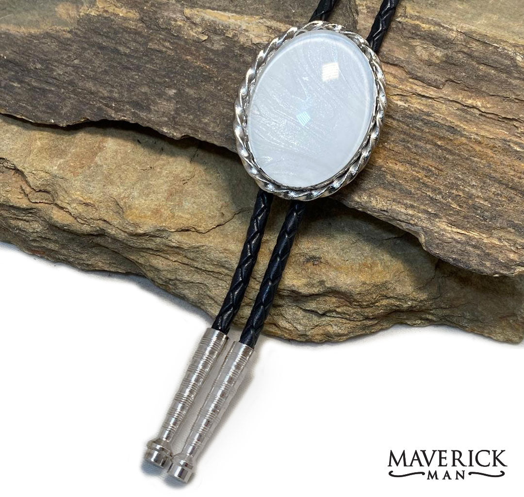 Twisted silver bolo with pearl-like hand painted stone