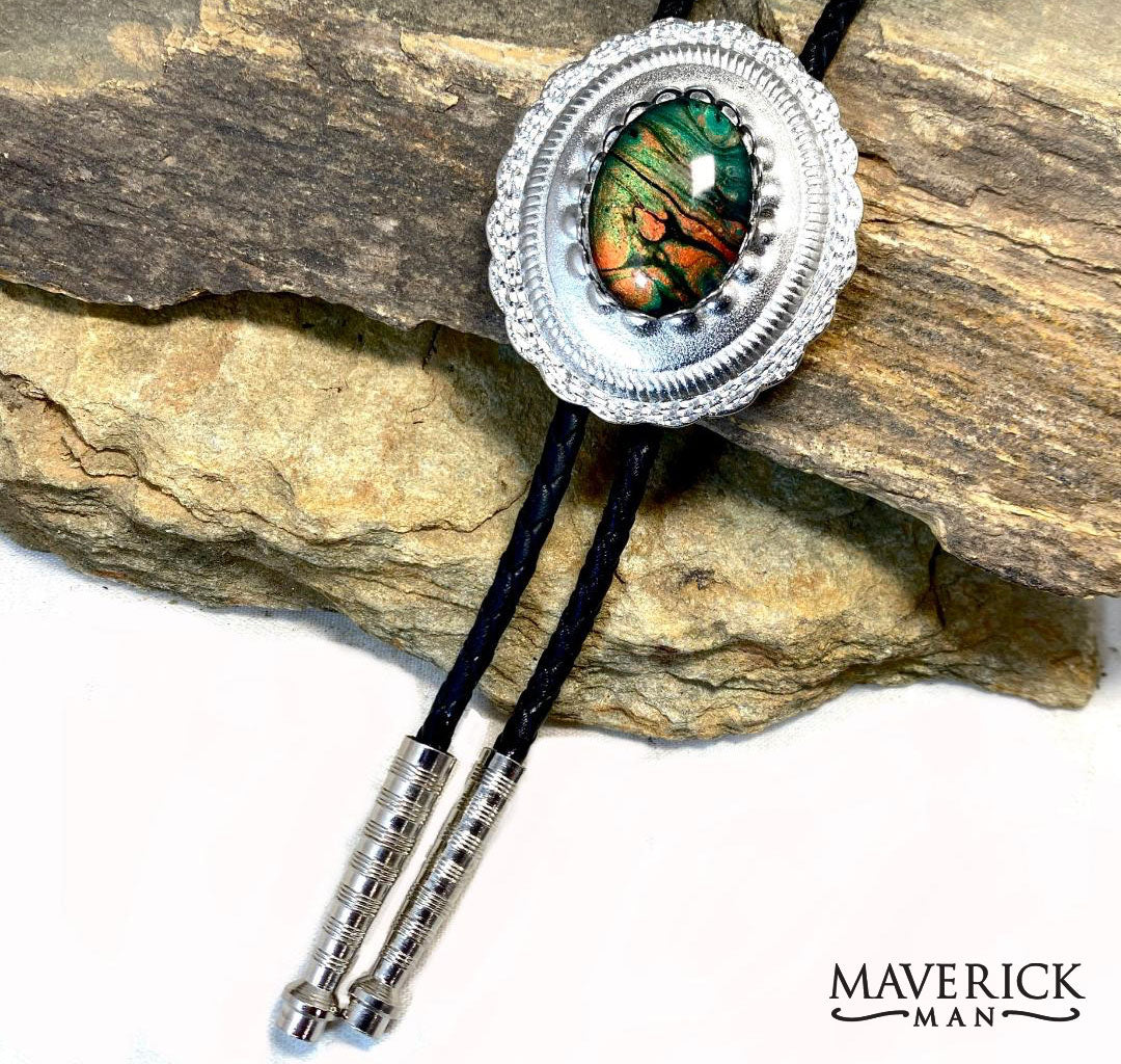Handsome silver concho bolo with green hand painted stone