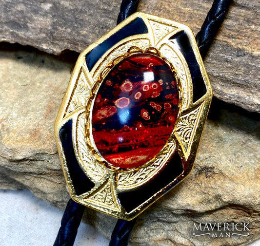 Red earthtones in our golden dressy geometric bolo