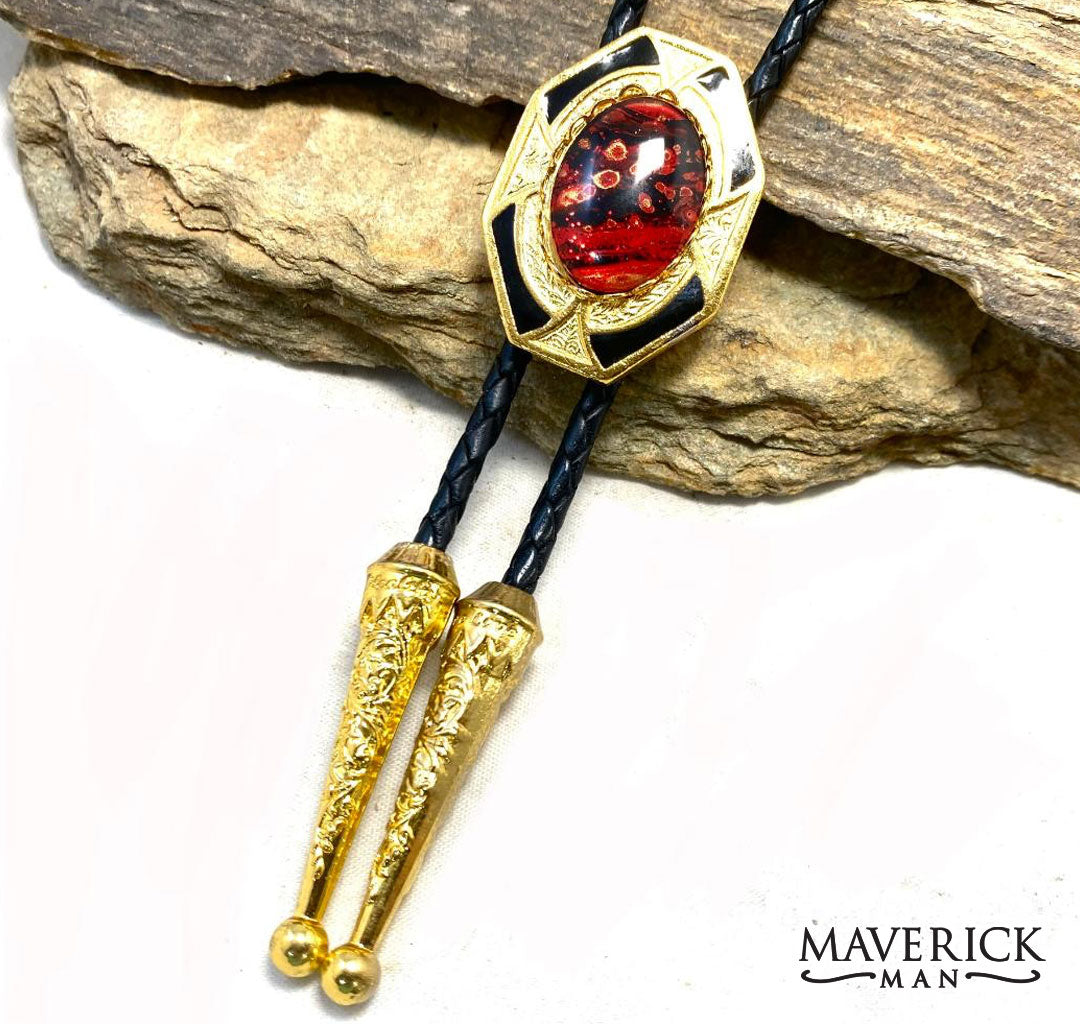 Red earthtones in our golden dressy geometric bolo
