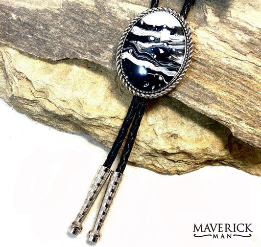 Silver braided bolo with black and white hand painted stone
